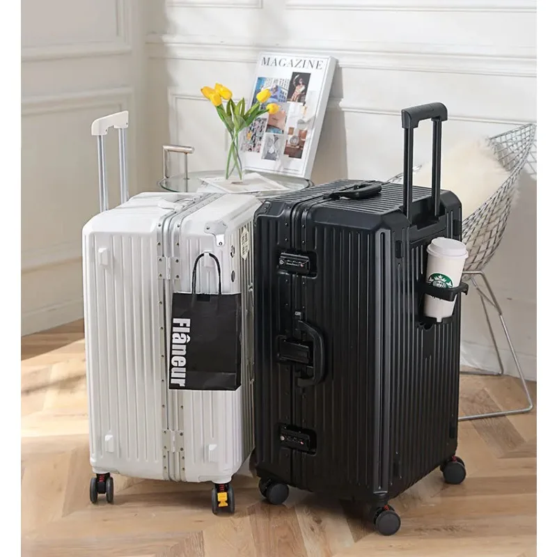 New Suitcase Wide Handle Travel Suitcase Men 20 24 26 28 30Inches Carry-On Luggage Women PC Aluminum Frame Trolley Case