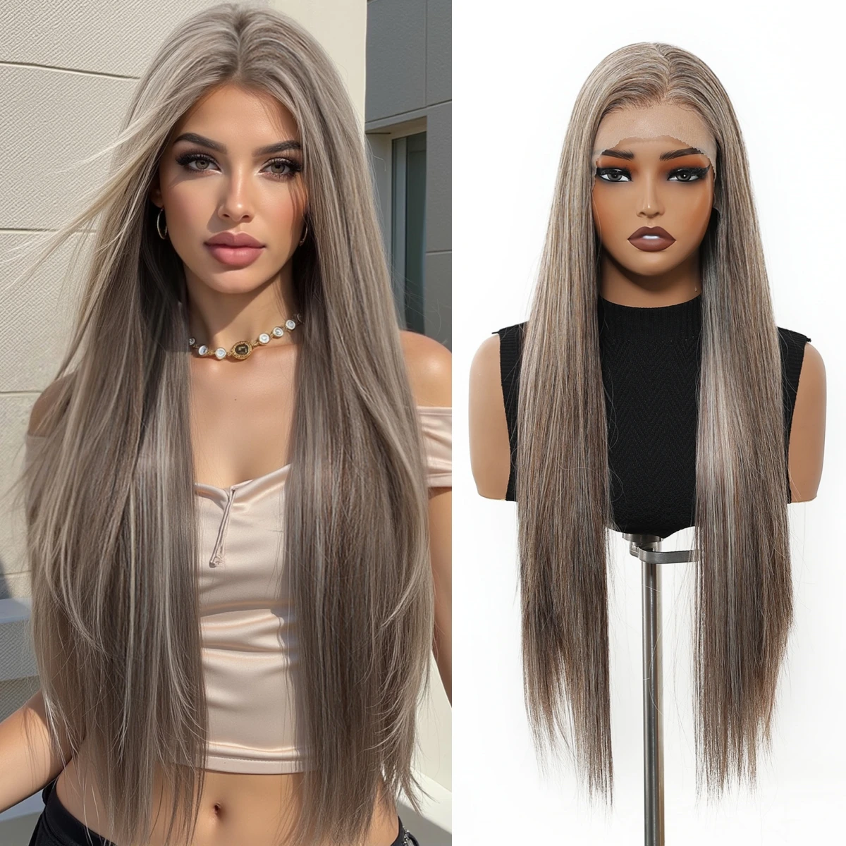 

HAIRCUBE Серые Коричневые Парики Длинные Прямые Кружевные Фронтальные Синтетические Парики Для Женщин Ежедневные Вечерние 30 Дюймов Искусственные Волосы Натуральная Линия Волос