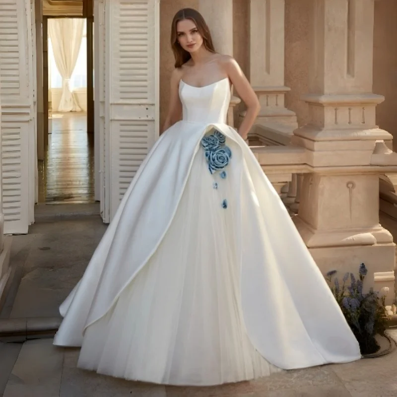 Handmade 3D Blue Rose Floral Satin Ball Gown Wedding Dress Asymmetric Split Skirt Cathedral Train Manor Wedding Customizable