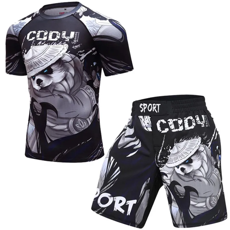 Apertado Boxe Compressão Jersey e Calças Set, Rashguard BJJ Kickboxing T-shirts, Muay Thai MMA Sportsuit, Roupas Fitness