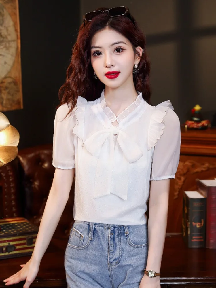 

Summer New Women's Chiffon irt Knot ort Sve Lace Trim Blouse Loose Fit Bubble Sve Pure Color Commute Sle