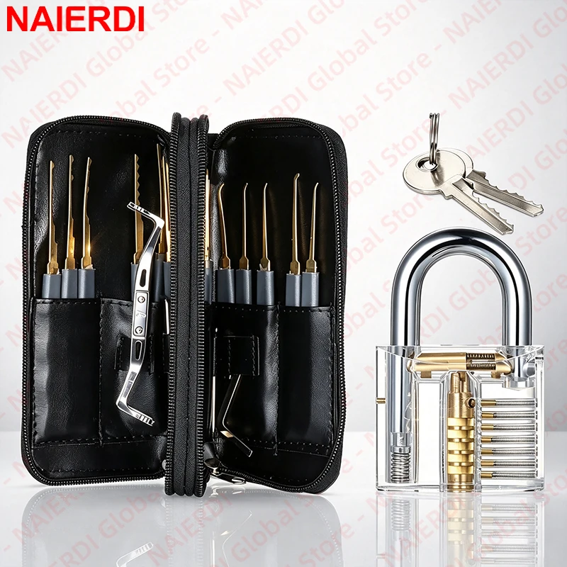 NAIERDI Stainless Steel Lock Maintenance Tools Set Portable Precision Hook Tools Transparent Practice Lock Padlock Locksmith Rep