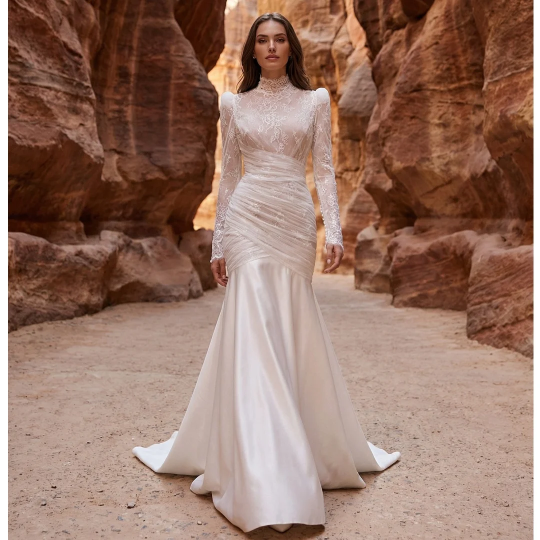 

High Collar Mermaid Wedding Dresses Illusion Lace Long Sleeves Bridal Gown Satin Sweep Train Luxury robe de mariée Customized
