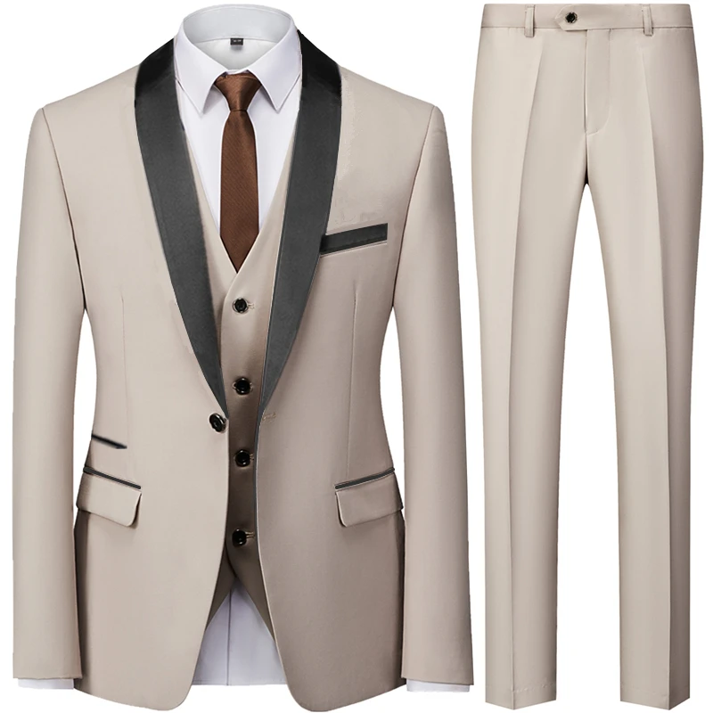 Men\'s British Style Slim Suit 3 Piece Set Jacket Vest Pants / Male Business Gentleman High End Custom Dress Blazers Coat S-6XL