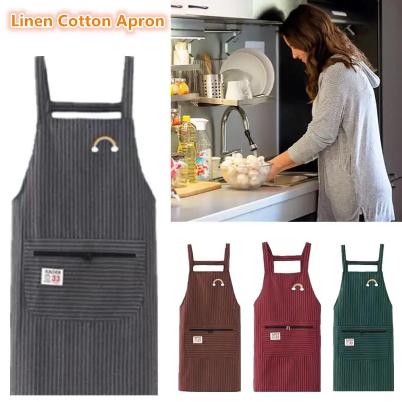 

Breathable Striped Kitchen Apron, Women's Linen-Blend with Zip Front, Chic & Practical for Cooking, Baking or as a Gift
