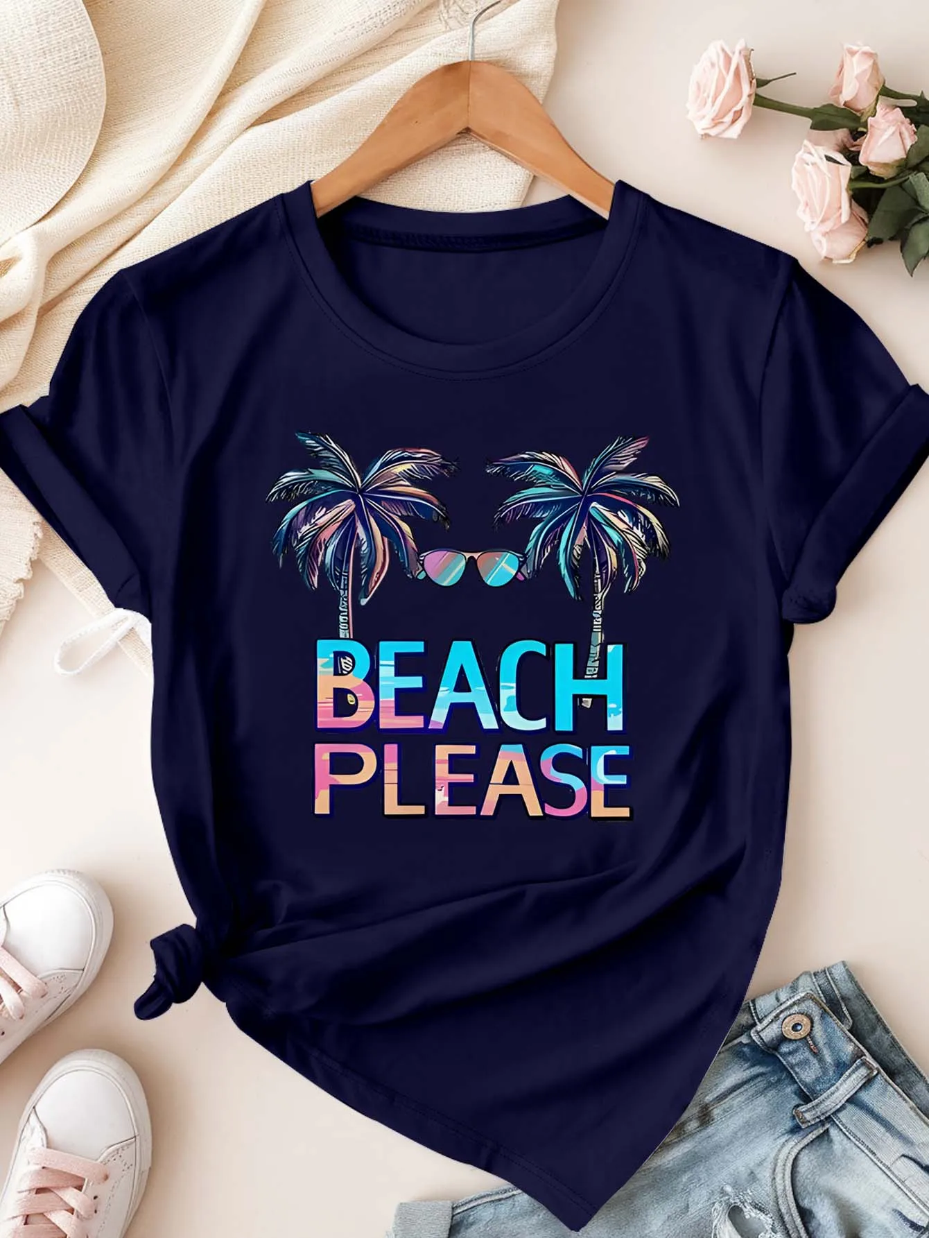 Plus Size Beach Please Palm Tree Grafik-T-Shirt für stilvolle Beachy Vibes