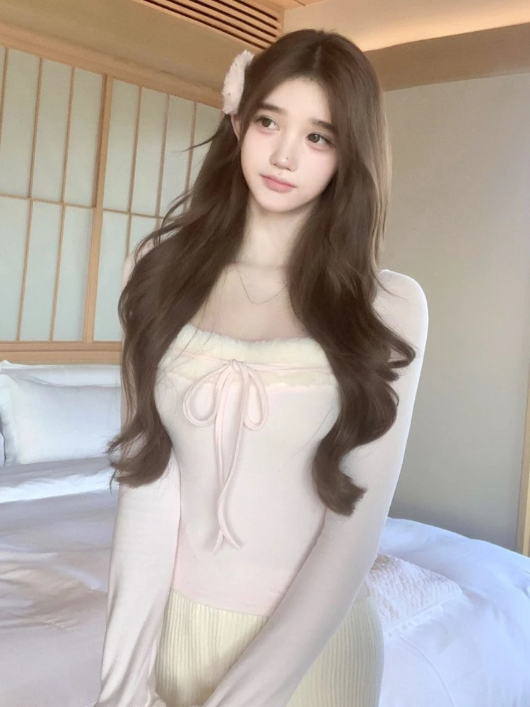 Sweet Fur Patchwork Square Neck Women's Long Sleeved T-Shirt Autumn New Spicy Girl Slim Fit Bottom Tops Elegant Slim Fit New