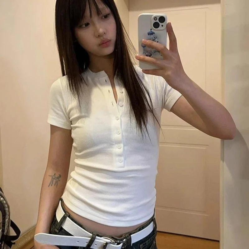 

HOUZHOU American Retro White T-Shirts Women Harajuku Casual Summer Short Sleeve Tops Vintage Spicy Girl Slim Up Basic T-Shirts