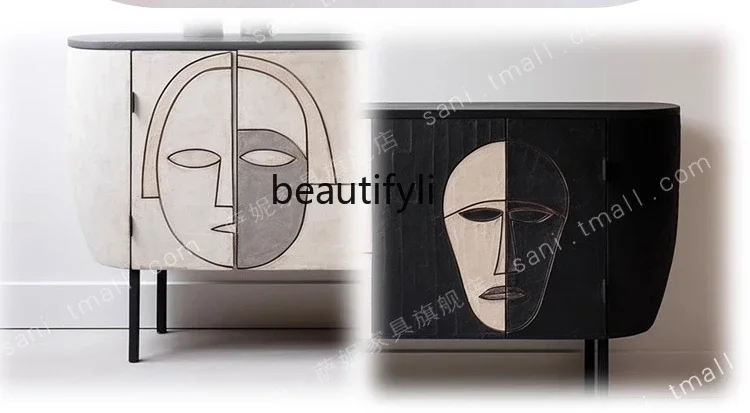 xzMedieval style solid wood dining side cabinet, wabi sandy wind art paint locker, personalized entrance multi-functional cabine