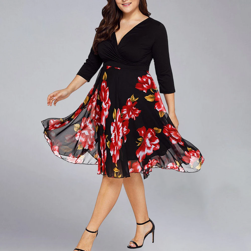 Plus Size sukienka kwiatowa kobieta 2024 lato Oversize elegancka sukienka codzienna z krótkim rękawem duży rozmiar damski Vintage plaża wakacje Dres