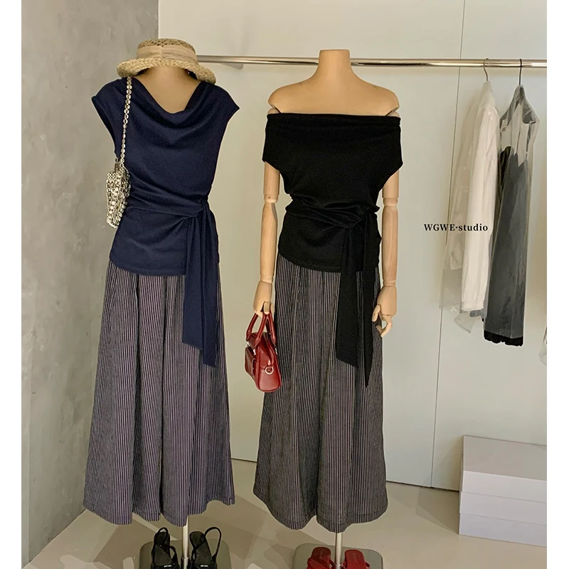 

Casual Stripe Wide Leg Pants Set with Belt round Neck Short Sleeve Top Women's Fashion Summer Outfit T-Shirt Style Versatile