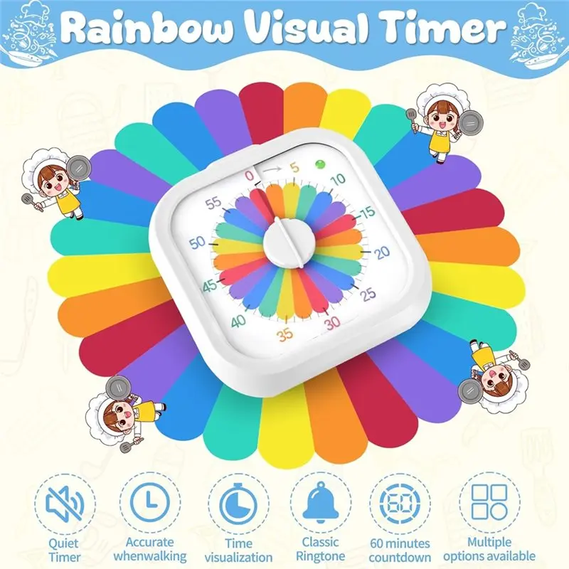 Visual Timer Rainbow, 60 Minute Countdown Count Down Timer For Classroom For Home Kitchen For Children& Adults, Silent Operation