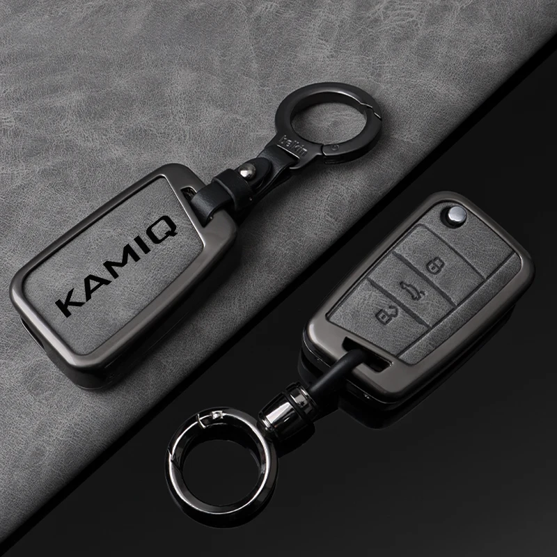 Autoschlüsseletui für Skoda Kamiq, Metall, Leder, Schlüssel, Klappschale, Halter, schlüssellose Schutzabdeckung, Schlüsselanhänger, Autozubehör – Detail 2