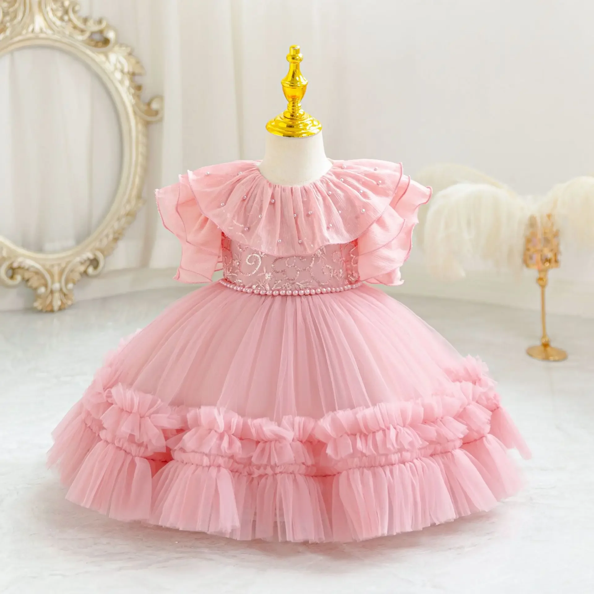 Pearls Flower Dress for Baby Girl Christmas Lace Toddler Kids 1st Birthday Party Formal Ball Gown Baby Evening Costume