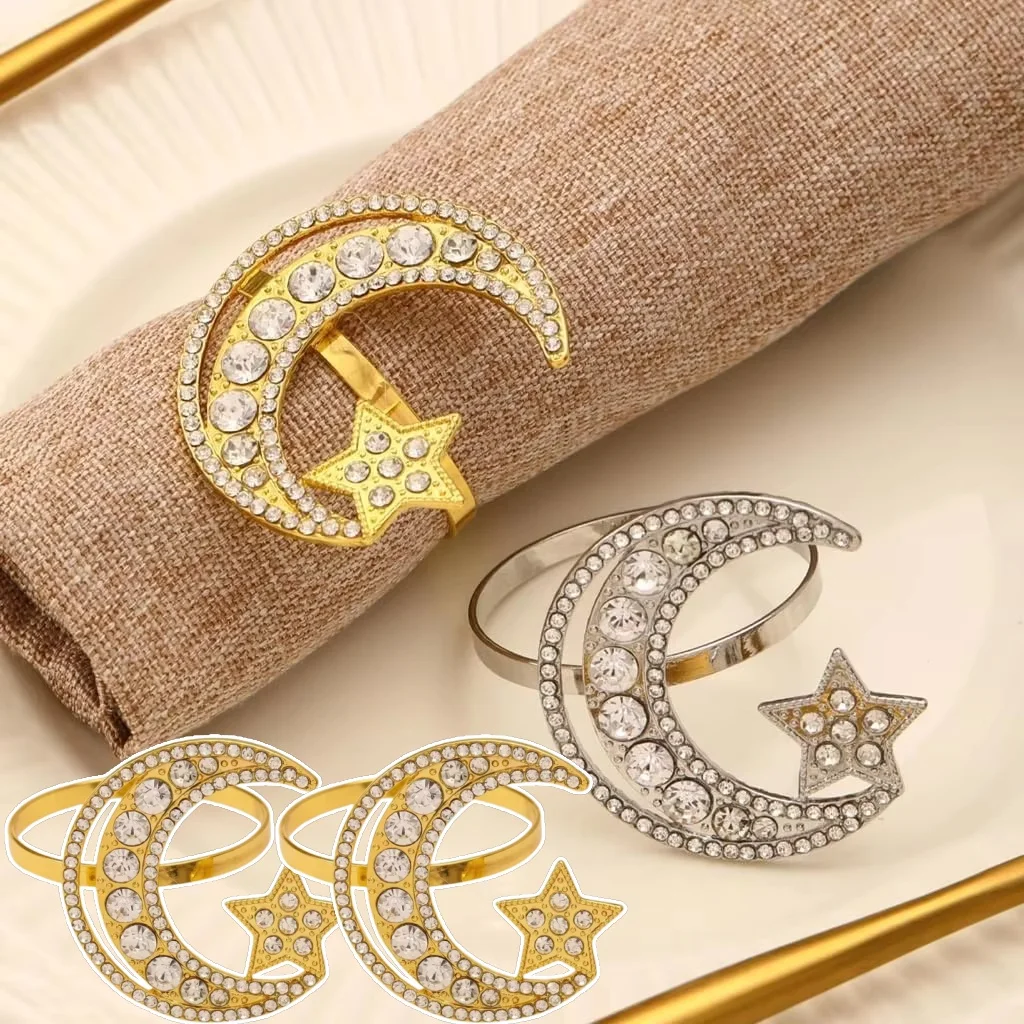 1-48pcs Ramadan Crescent Star Napkin Rings Set Eid Mubarak Dinner Napkin Holders for Muslim Table Decor Celebration