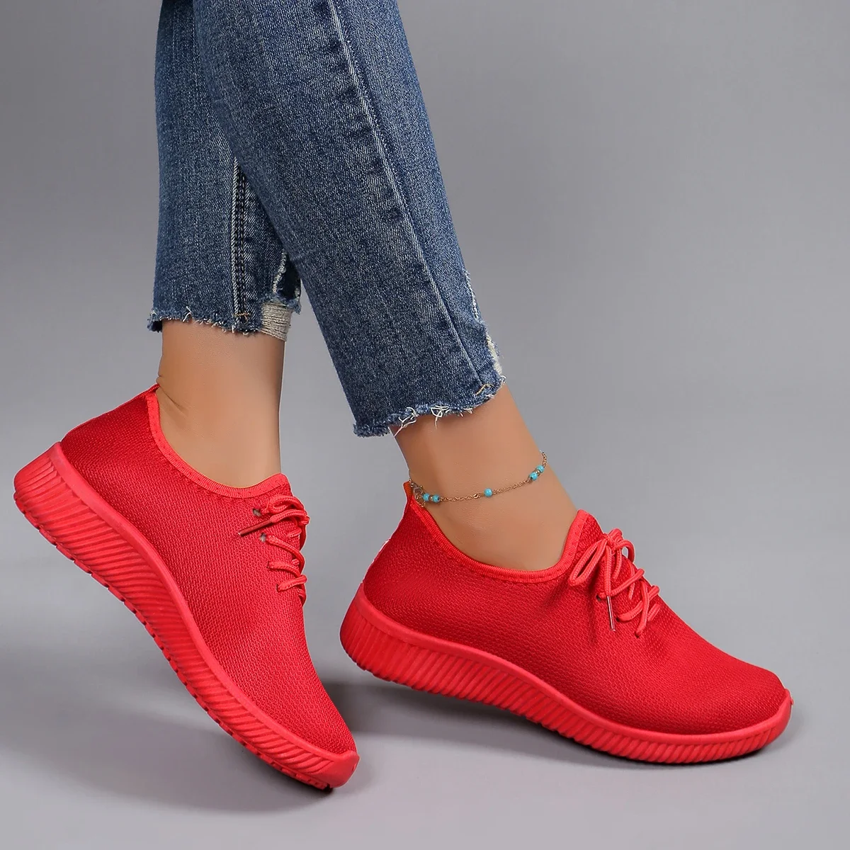 Zapatos planos de punta redonda para mujer, calzado informal de punto con cordones, talla grande, primavera y otoño