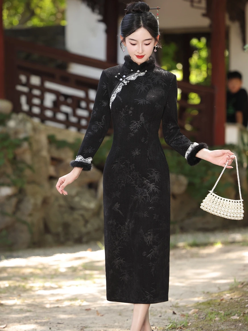 Ele Thiened Fce Young Sle Version améliorée hiver Vintage minceur Qipao Dr motif Floral Long Sve Long Dr