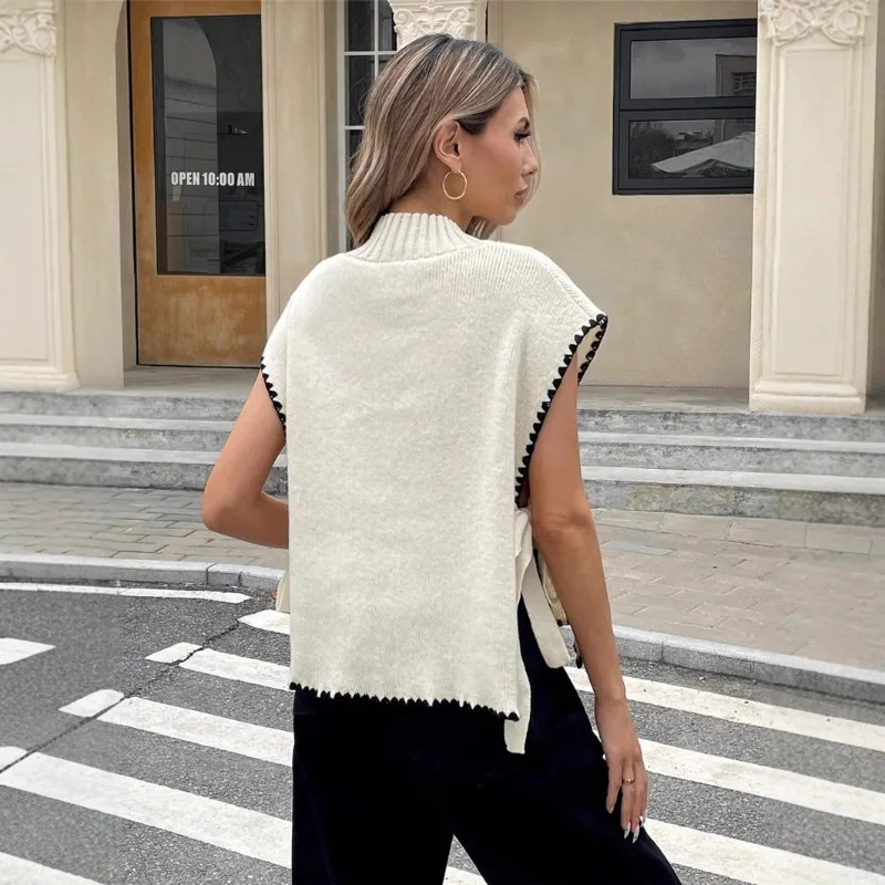 Women's Fast Selling Sleeveless Sweater Vest Simple Design Top Contrasting Colours Bow Tie Ties Comfortable White Dress