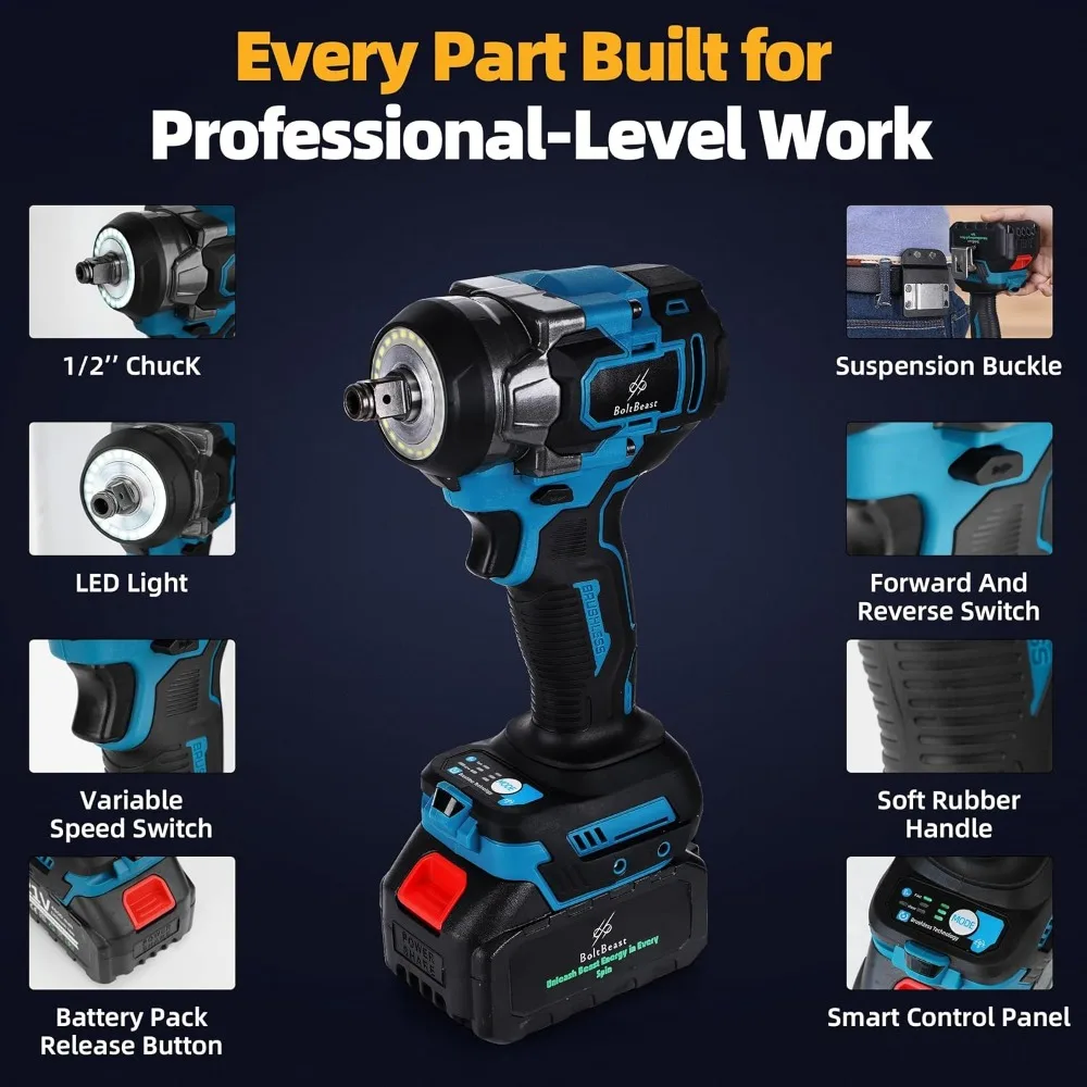 Kit de clé à chocs sans balais de 500 N.m avec douilles, forets et crochet de taille pour voitures, camions et projets de bricolage