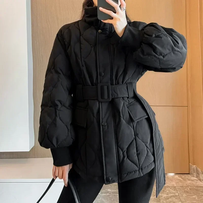 Stand Neck Plaid Design Sense Parkas Single-breasted Lace Up Slim Waist Puffer Jacket 2023 Autumn Winter New All-match Coats