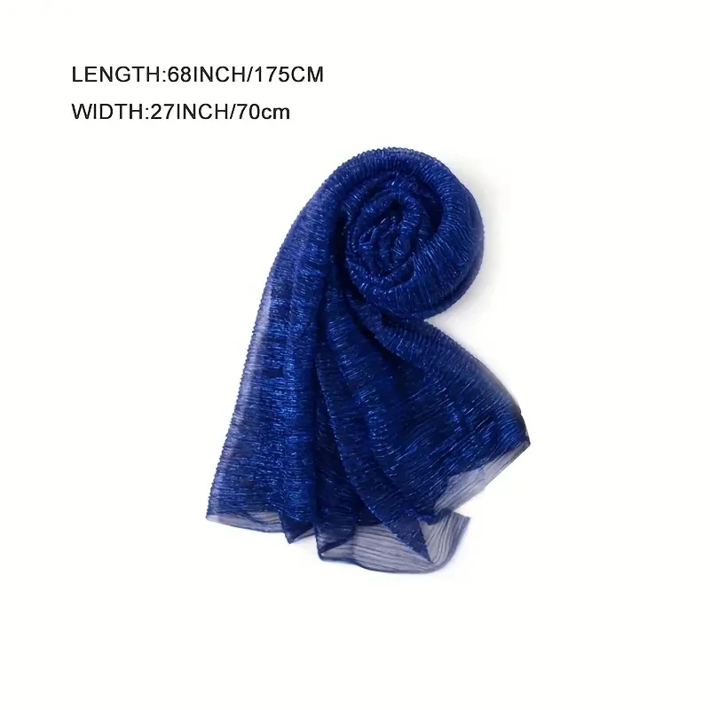 Solid Color Pleated Hijab Scarf Elegant Sparkly Head Wrap Women Casual Windproof Shawl Bandana Outdoor Travel Beach Towel