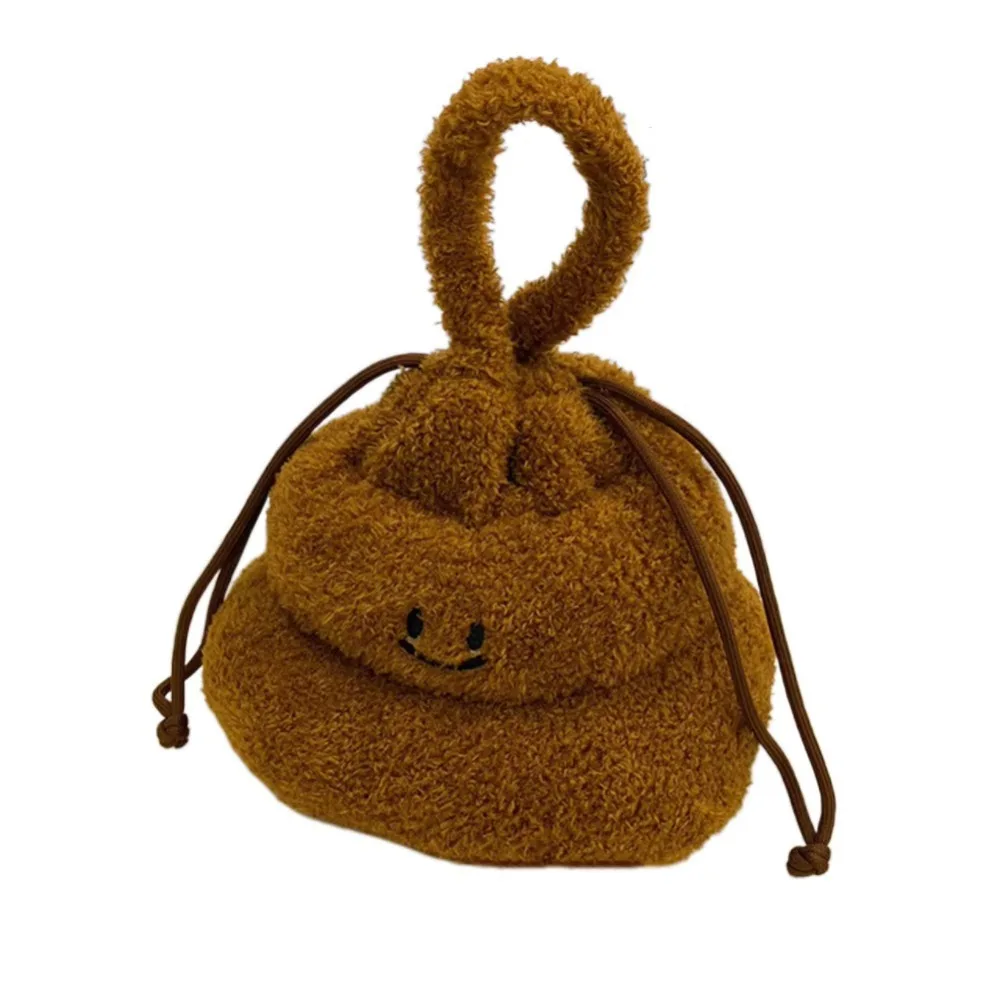 

Cute Drawstring Cartoon Poop Shape Handbag Large Capacity Fluffy Funny Plush Shoulder Bag Portable Soft Lovely Poo Pouch Girls