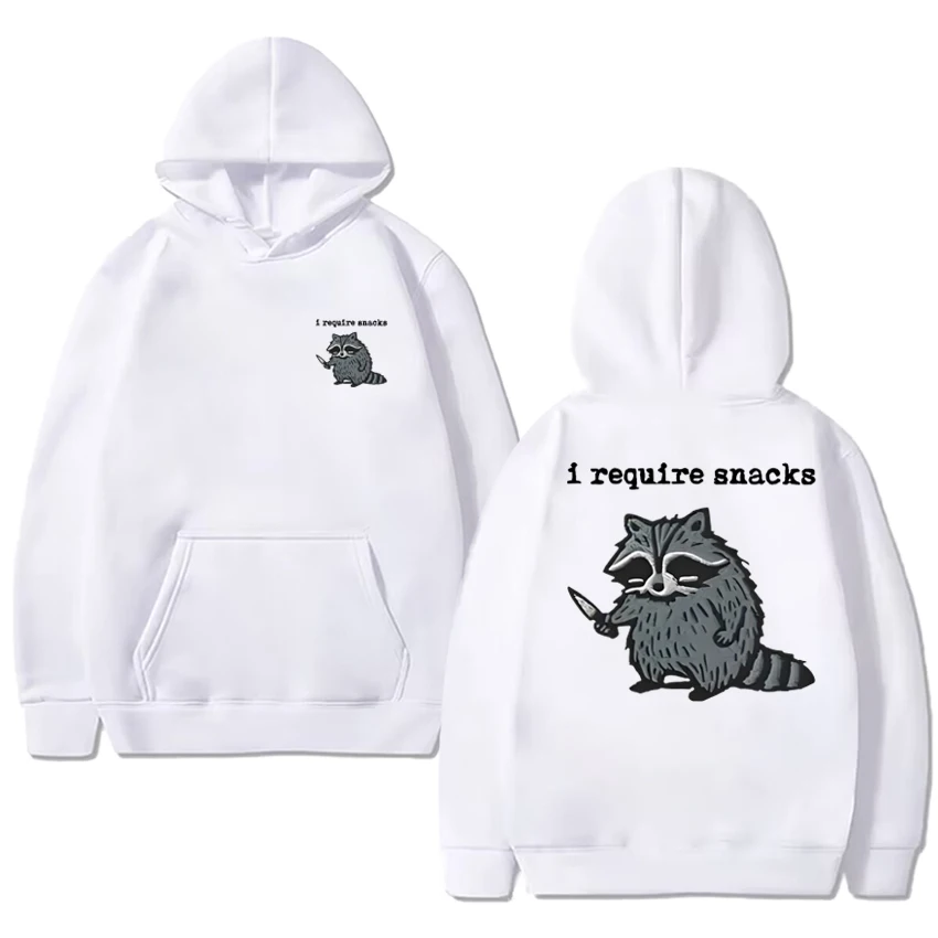 

2025 New harajuku I Require Snacks Raccoon Double Sided print Sweatshirt Men women Fleece Casual pullover Unisex Funny Hoodie