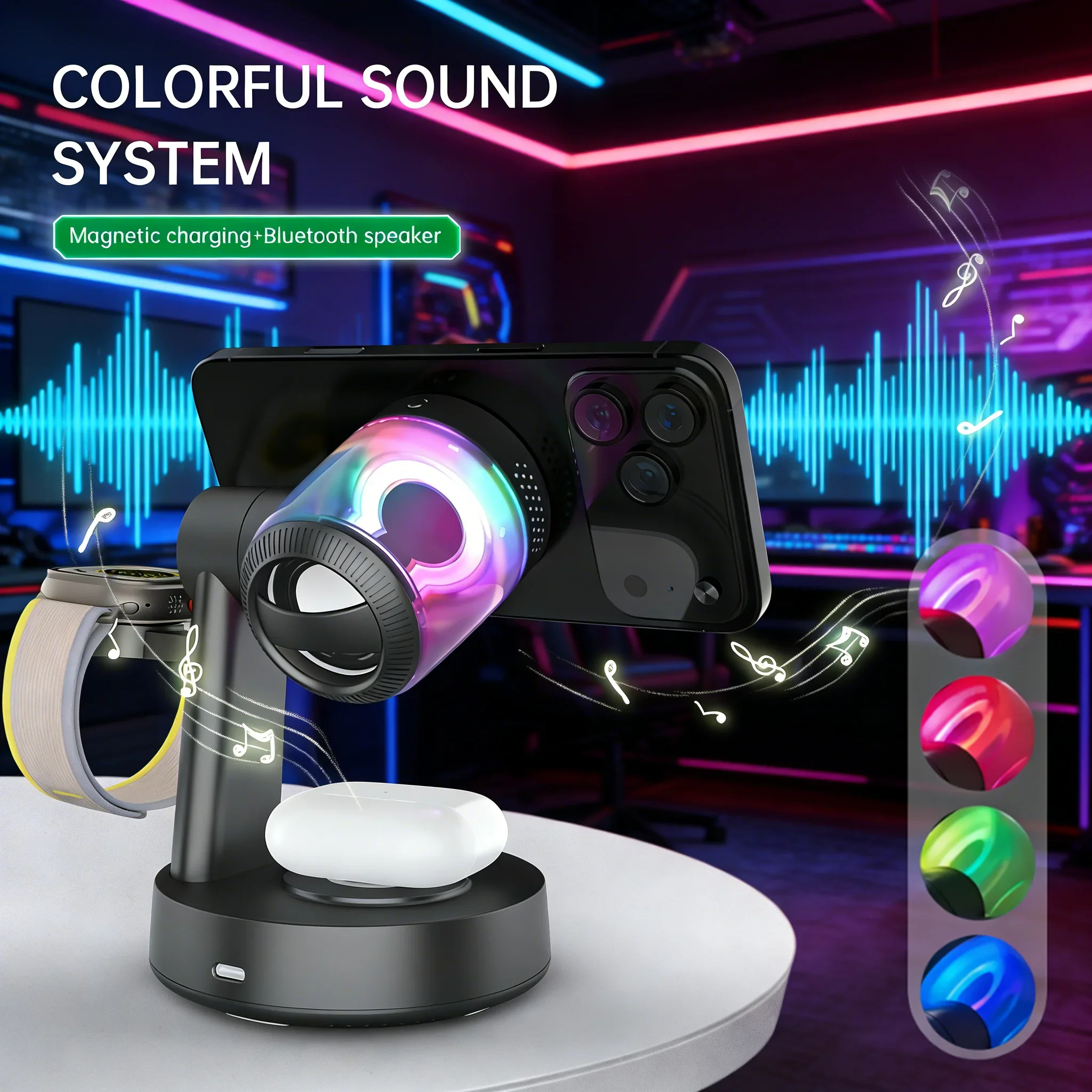 Multifunction RGB Light Bluetooth Speaker 25W Qi2.2 Wireless Charger Stand For iPhone17 16 15 14 PRO MAX For Apple Watch Airpods