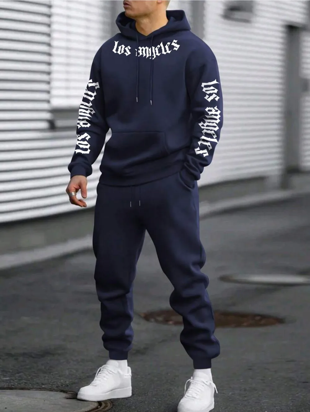 American Men's New Autumn Gothic Los Angeles Letter Printed Soft and Comfortable Hoodie Pants Set Outdoor Casual Clothing view 3