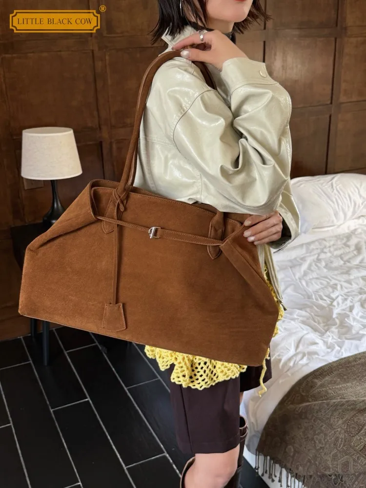 

Retro New Women Casual Office Large Capacity Suede Genuine Leather Shoulder Totes Versatile Female Elegant Handbag Underarm Bag