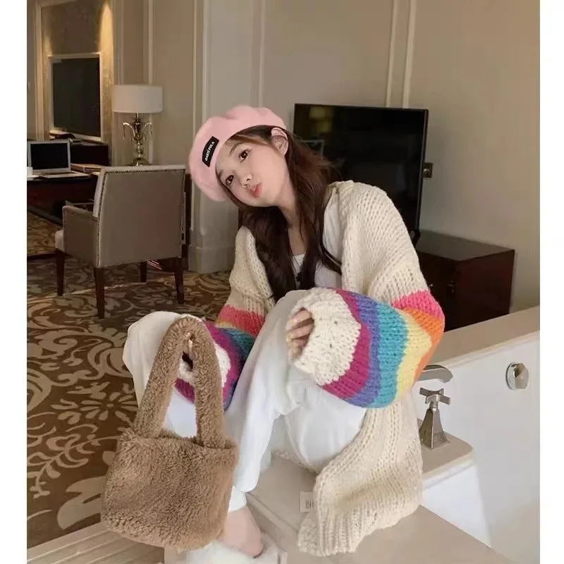 

2023 Autumn Winter New Loose top Korean Lazy Style Design Unique Niche Contrasting Colors Rainbow Knit Sweater Cardigan Commute