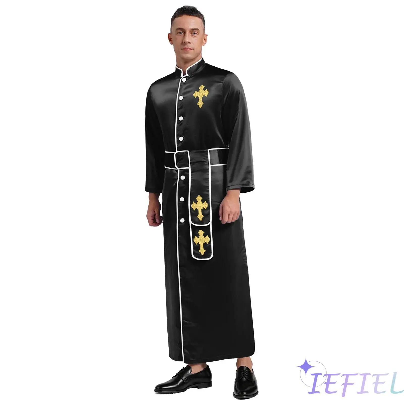 

Men Elegant Clergy Pastor Robe Detailed Cross Embroidery And Adjustable Belt Priest Jacket for Church Services Halloween Events