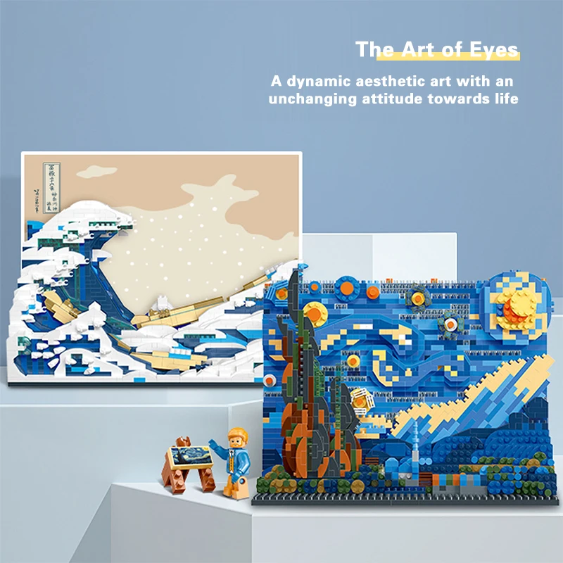 Creative World Famous Paintings The Starry Night MOC The Great Wave of Kanagawa Micro Building Blocks Brick Figure For Kids Gift