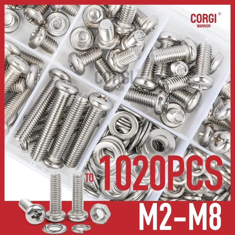 Up to 1020 Phillips Pan Head Machine Electricians Screws Assortment Kit M2 M2.5 M3 M4 M5 M6 M8 Screw 304 Stainless Steel Washers