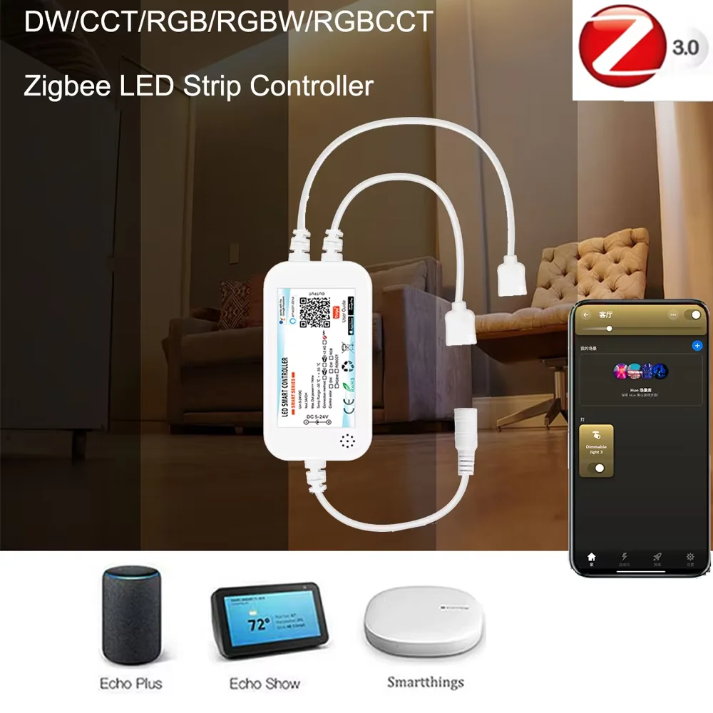 Zigbee 3.0 Led Controller DC5V 12V 24V Dual Outport CCT/RGB/RGBWW/RGBCCT Led Strip Light Dimmer Smart Zigbee for SmartThing