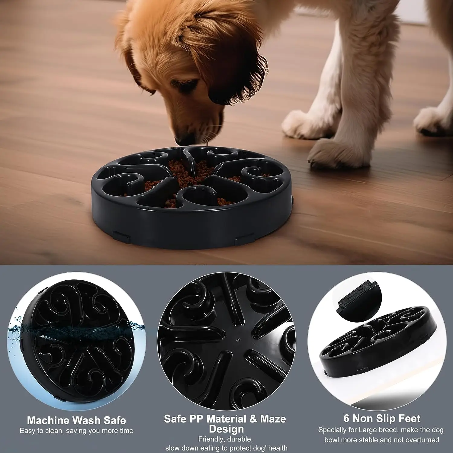 Anti Slip Pet Bowl, Fun Slow Feeder Dog Bowl, Tigelas redondas de plástico para cães grandes