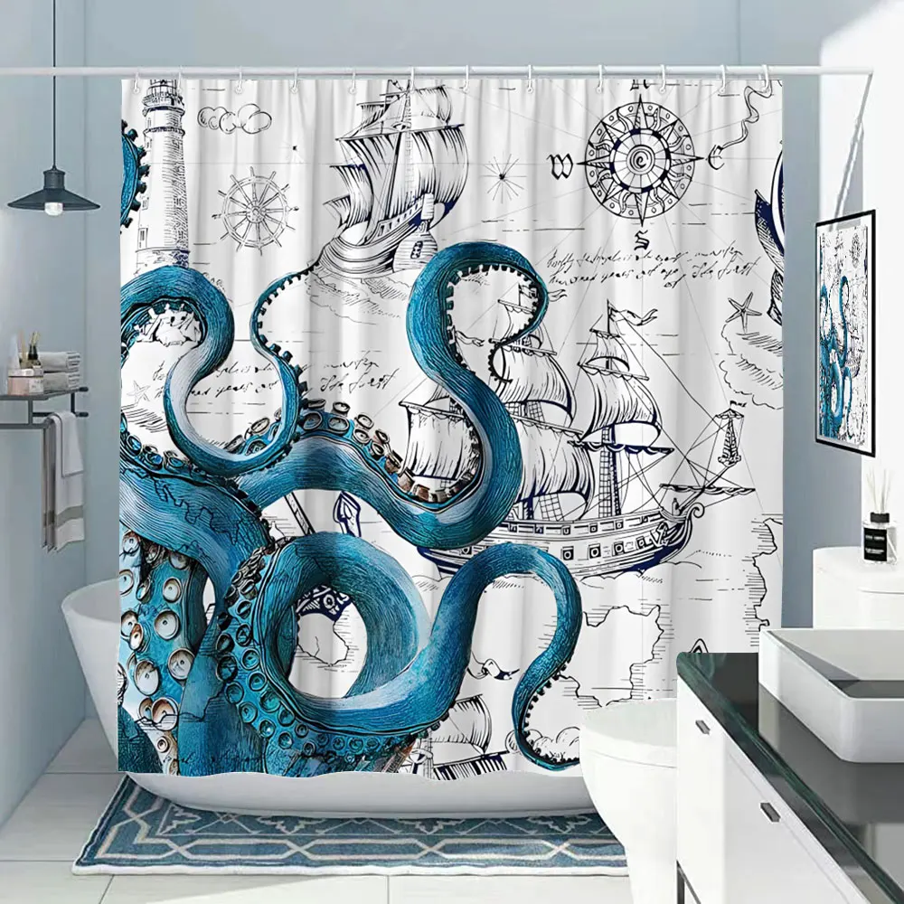 Nautical Octopus Shower Curtain Set Bathroom Funny Ocean Sea Monster Beach Coastal Pirate Map Shower Curtain Bathroom Decor