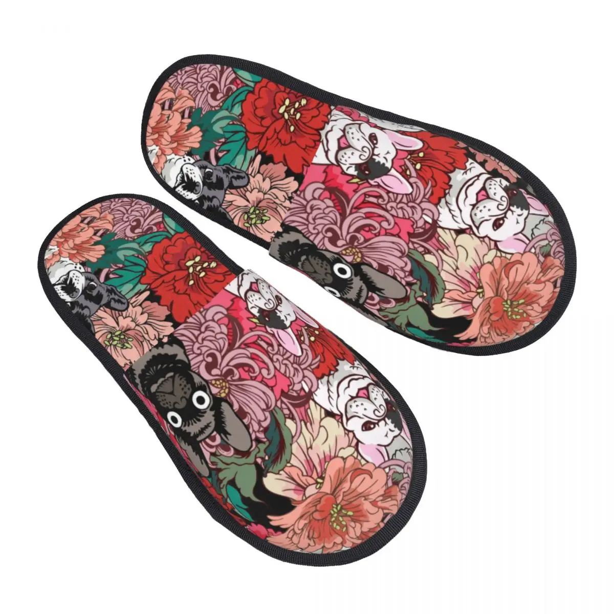 French Bulldog 	 Flowers House Slippers Women Cozy Memory Foam Frenchie Dog Lover Slip On Hotel Slipper Shoes