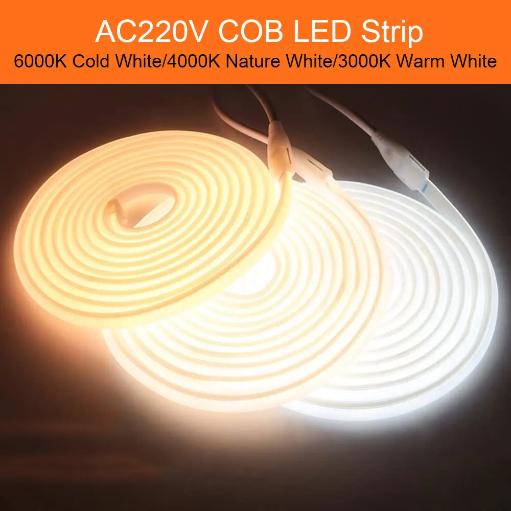 

220V COB LED Strip Light EU Plug High Brightness Led Light Flexible Ribbon LED Tape For Bedroom Living Room Lighting Decoration