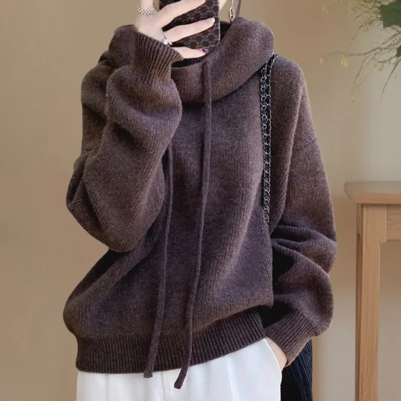 

Women Lazy Style Knitted Thick Sweaters Autumn Winter Loose Casual Turtleneck Knitwear Vintage Solid Pullover Tops