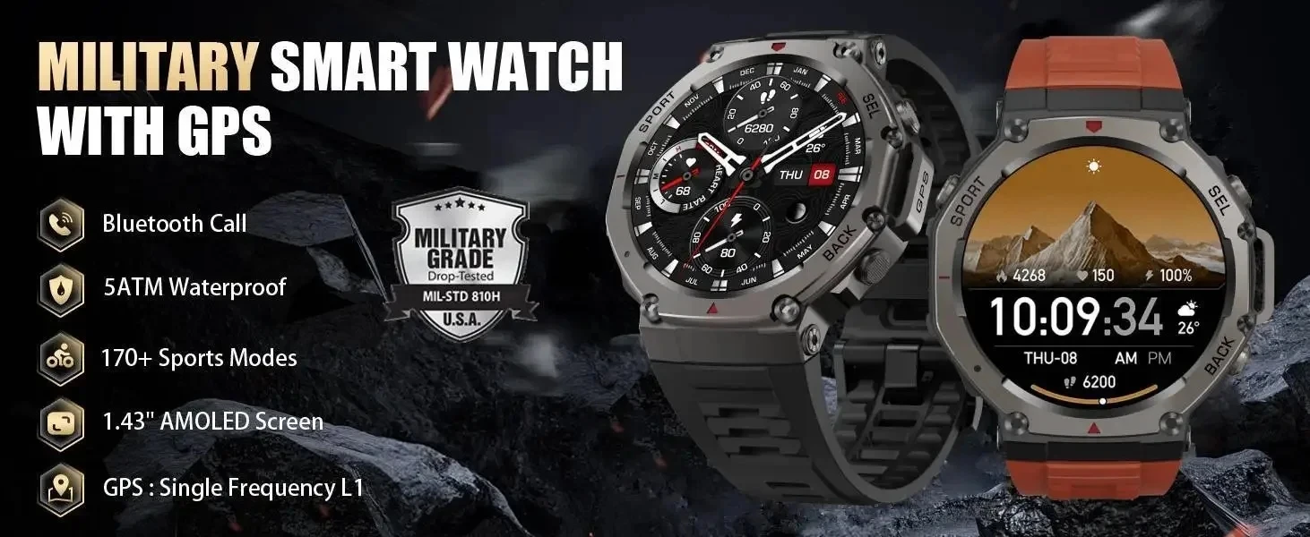 2025 New Military Bluetooth Call Smart Watch Built-in GPS Compass Barometric Altimeter 10ATM Waterproof Sports Smartwatches Men