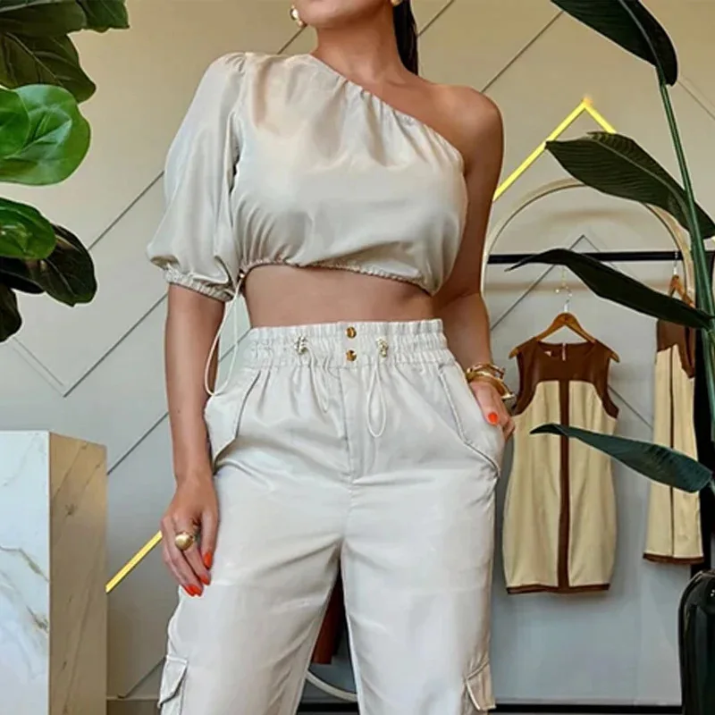 Pant Set Women Two Piece Sets Slim Fit Solid One Shoulder Skew Collar Puff Sleeve Short Tops High Waist Cargo Long Pants