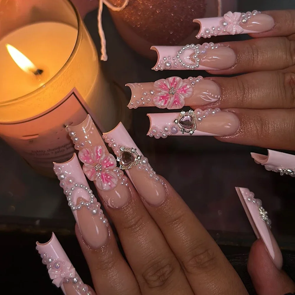 10Pcs Handmade French Nude Pink XL Square Almond Press On Nails Art Portable Gel Shell Glitter Pearl Reuse Fake Nails Sticker