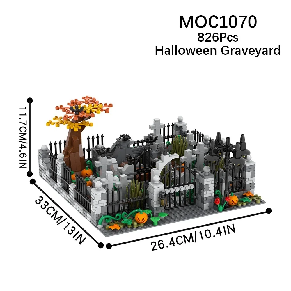 MOC Halloween Graveyard Scene Building Blocks Haunted Manor Death Statue Fence Tree Spider Bat Pumpkin Brick Toy Gift