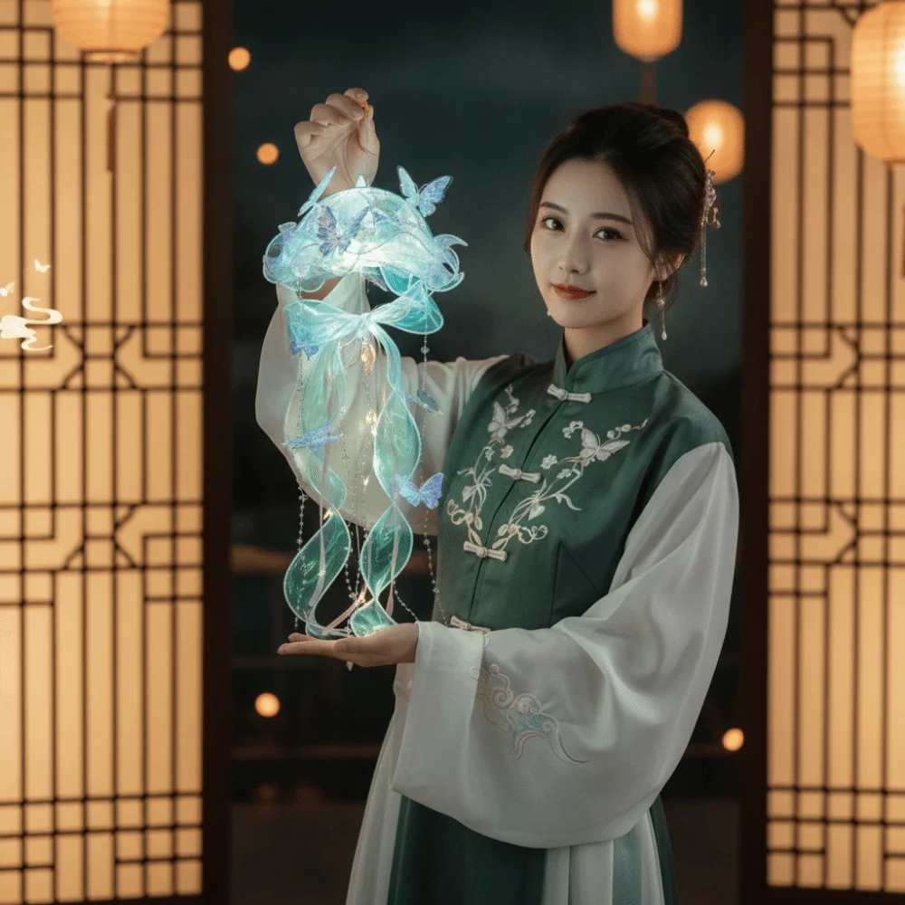 Chinese Lantern Handmade Jellyfish Lantern Glowing Luminous Butterfly Lamp Beaded Tassel Eco-Friendly Handheld Light Hanfu Match