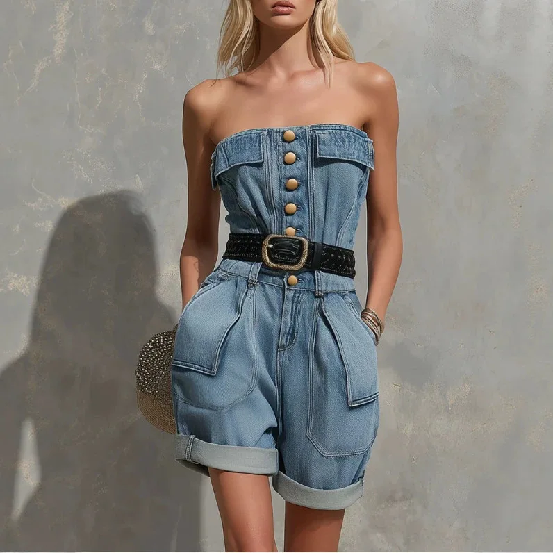 2026 European and American Fashion Retro Blue Off-the-shoulder Pocket Denim Shorts Jumpsuit