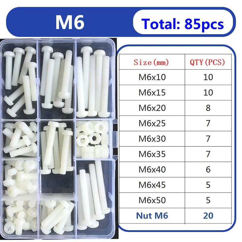 Weiße Nylon Sechs kant schraube Mutter Unter leg scheibe Set m2 m3 m4 m5 m6 Rundkopf Kreuz schraube Kunststoff isoliert Phillips flache Senk kopfs ch raube – Detail 3