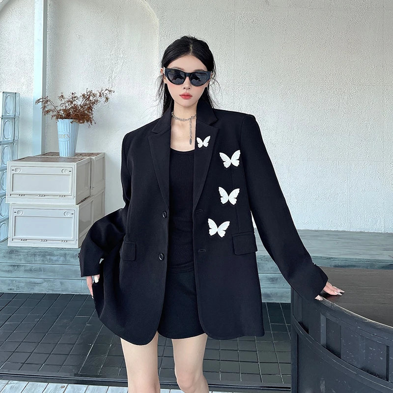 [oein]  Butterfly Embroidered Black Suit Jacket for Women, Autumn New Collection, Niche Embroidered Design, Suit Top