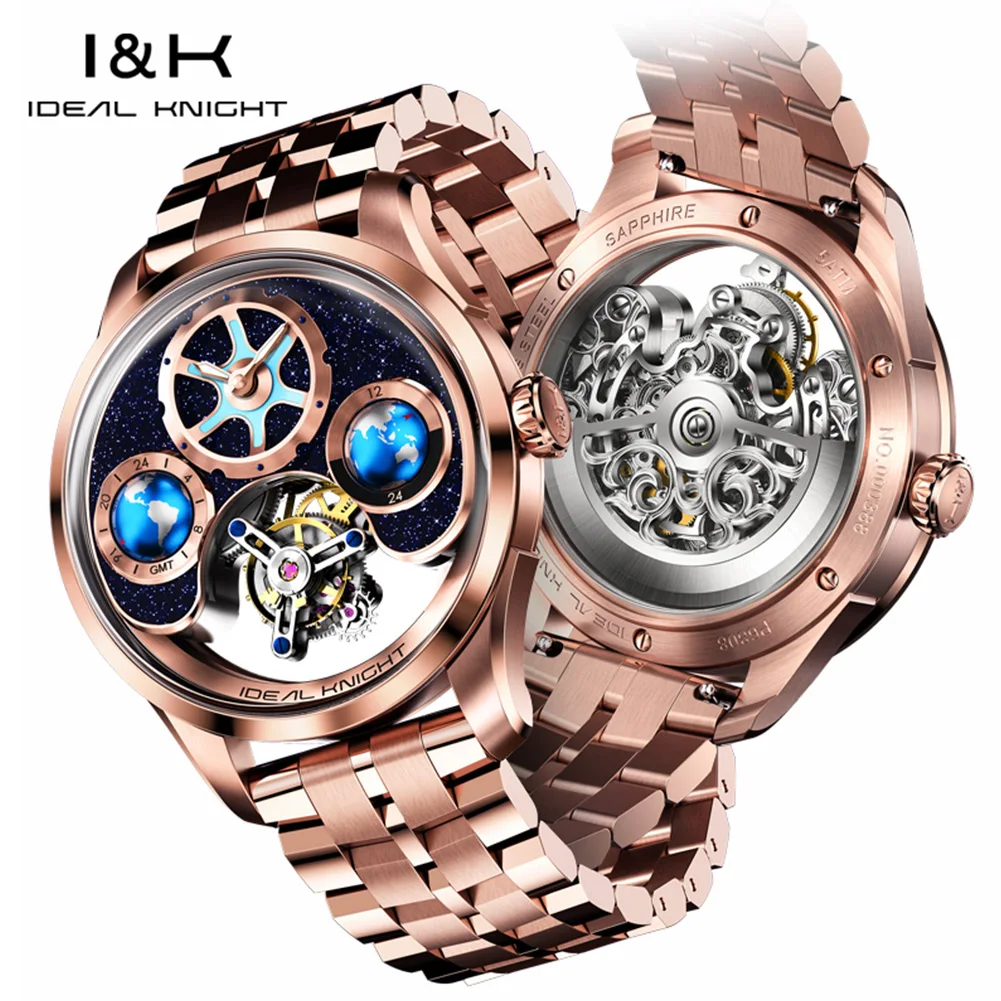 I&K 6808 High End New 316L Stainless Steel Watch GMT Tourbillon Automatic Movement Mechanical Watches For Men Blue Earth Series