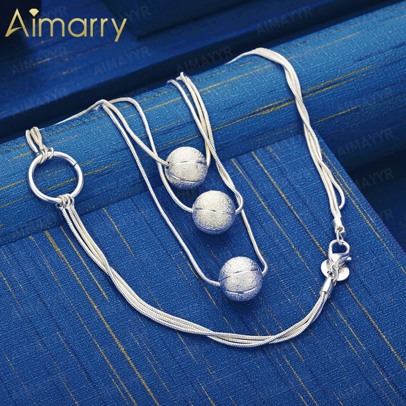 925 Sterling Silver Frosted Transfer Bead Triple Tassel Necklace 18 Inch Women's Banquet Engagement Wedding Fashion Jewelry